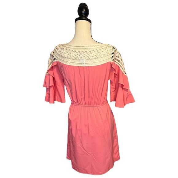 Women's Anthropologie Esley Pink Dress White Crochet Pattern Top Tiered Sleeve S - Picture 4 of 7